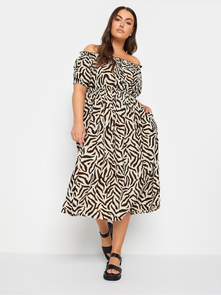 Yours Curve Beige Brown Animal Print Bardot Midi Dress - Image 2 of 4