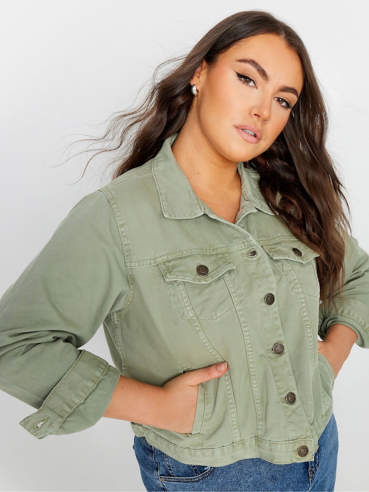 Yours Curve Sage Green 100% Cotton Denim Jacket - Image 1 of 5