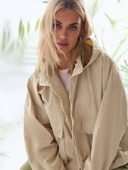 Yours Curve Stone Brown Hooded Cargo Jacket - Image 1 of 5