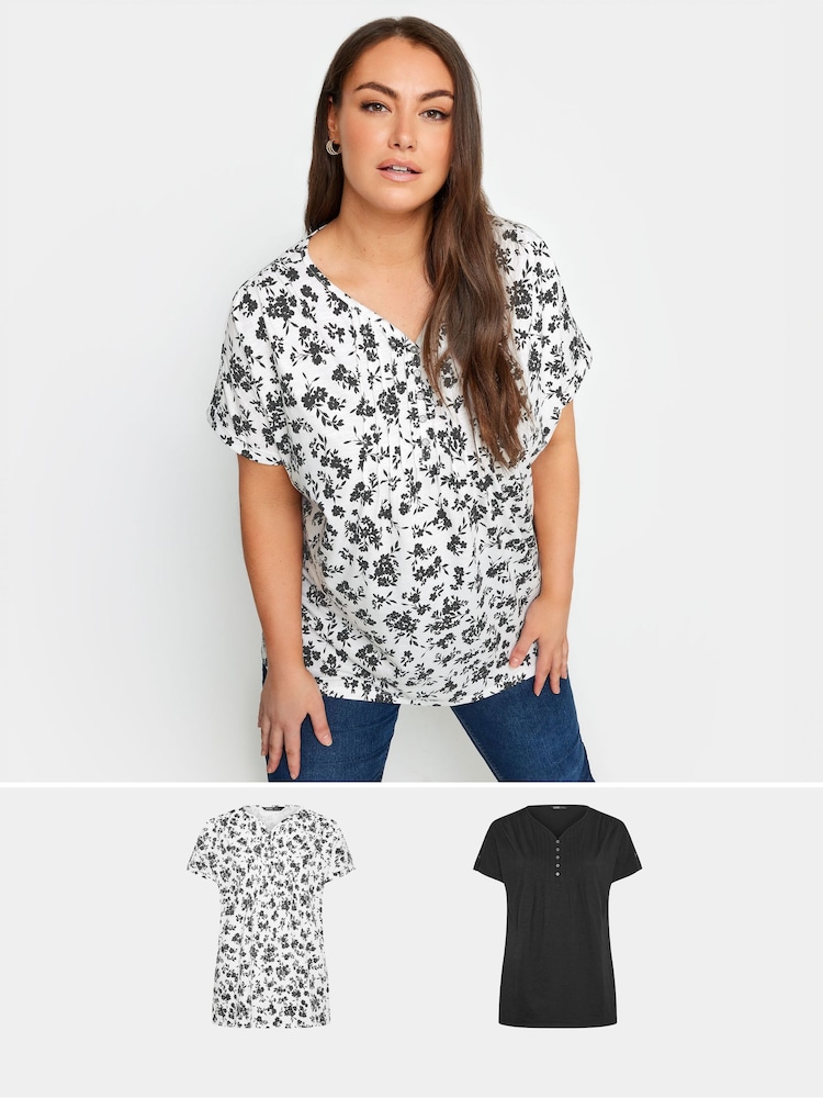 Yours Curve Black 2 PACK Floral Pintuck Henley Blouses - Image 1 of 5