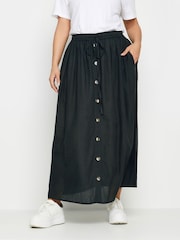 Yours Curve Black Chambray Button Front Maxi Skirt - Image 1 of 4