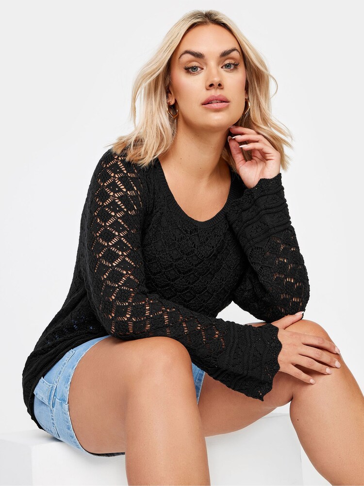 Yours Curve Black Crochet Detail Jumper - Image 1 of 5