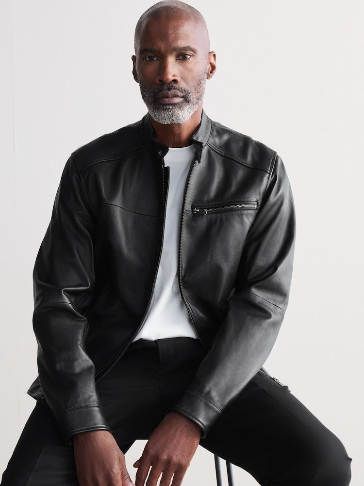 Black Leather Signature Racer Jacket - Image 2 of 12