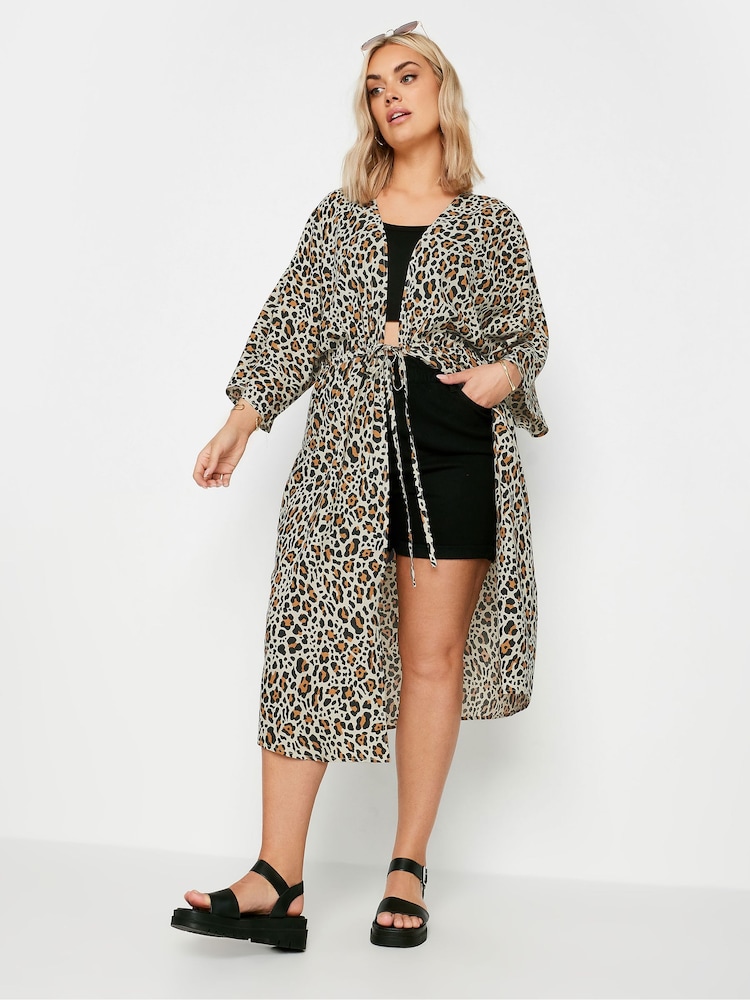 Yours Curve Brown Leopard Print Longline Kimono - Image 2 of 5