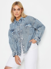 Yours Curve Blue Denim Curved Hem Western Jacket - Image 1 of 4
