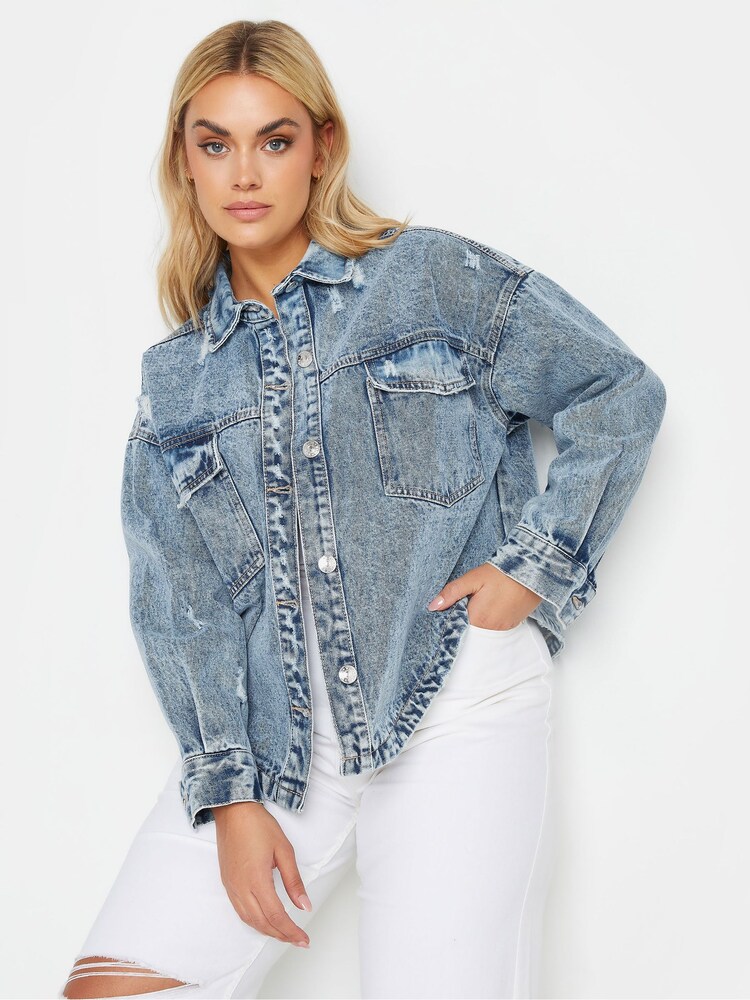 Yours Curve Blue Denim Curved Hem Western Jacket - Image 1 of 4