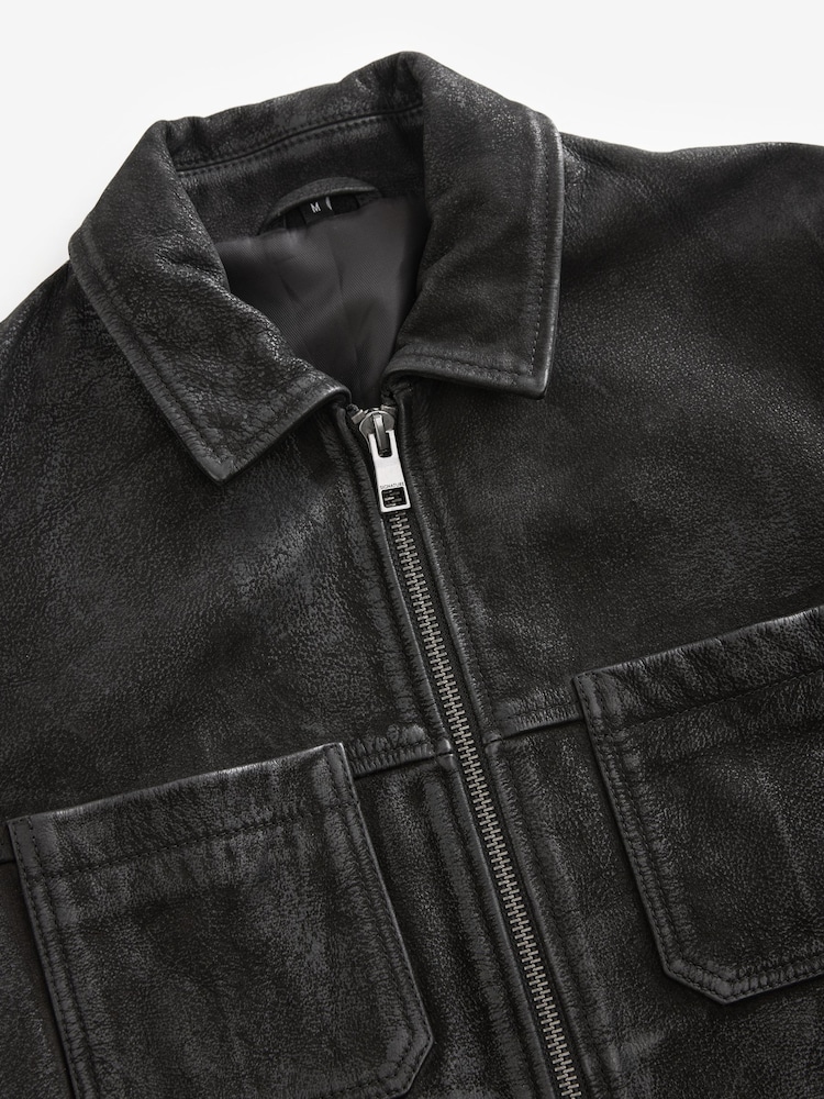 Black Wax Leather Signature Shirt Collar Jacket - Image 11 of 11