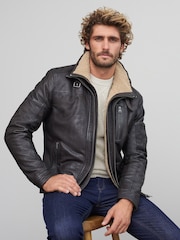 Brown Four Pocket Borg Lined Leather Jacket - Image 1 of 13