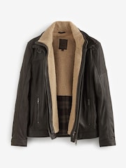 Brown Four Pocket Borg Lined Leather Jacket - Image 10 of 13