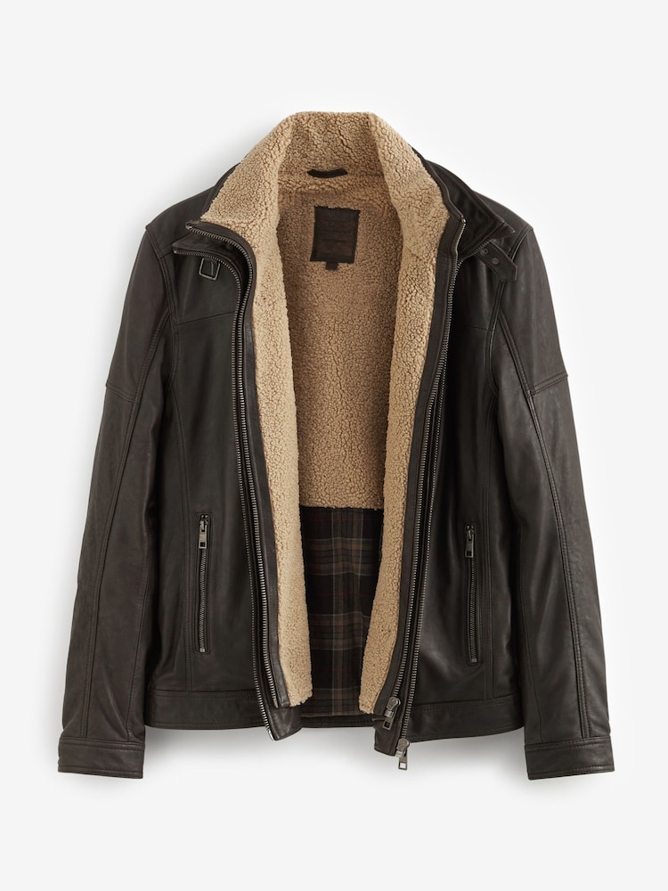 Brown Four Pocket Borg Lined Leather Jacket - Image 10 of 13