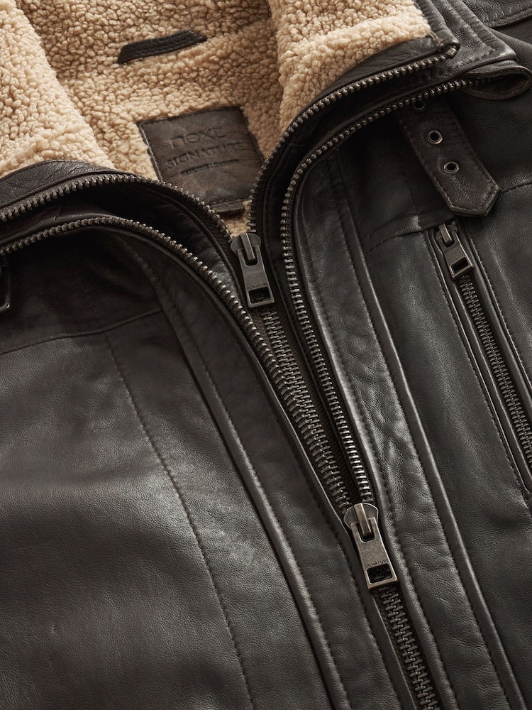 Brown Four Pocket Borg Lined Leather Jacket - Image 11 of 13