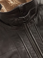 Brown Four Pocket Borg Lined Leather Jacket - Image 13 of 13