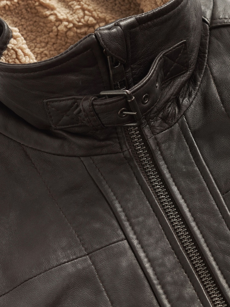 Brown Four Pocket Borg Lined Leather Jacket - Image 13 of 13