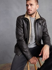 Brown Four Pocket Borg Lined Leather Jacket - Image 2 of 13