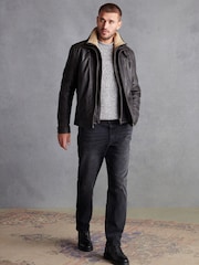 Brown Four Pocket Borg Lined Leather Jacket - Image 4 of 13