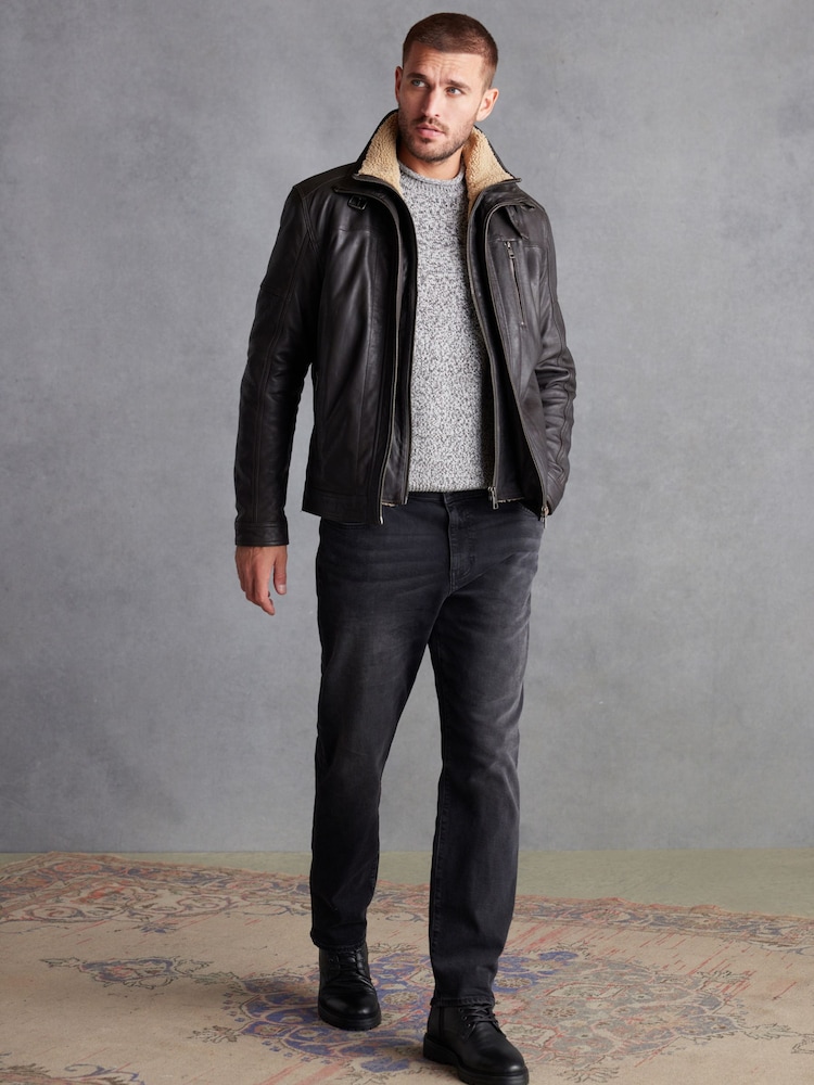 Brown Four Pocket Borg Lined Leather Jacket - Image 4 of 13