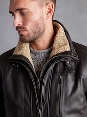 Brown Four Pocket Borg Lined Leather Jacket - Image 5 of 13