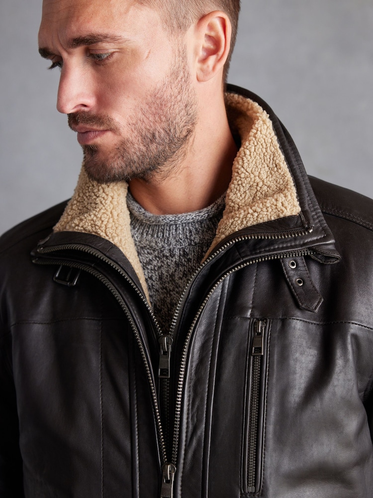 Brown Four Pocket Borg Lined Leather Jacket - Image 5 of 13