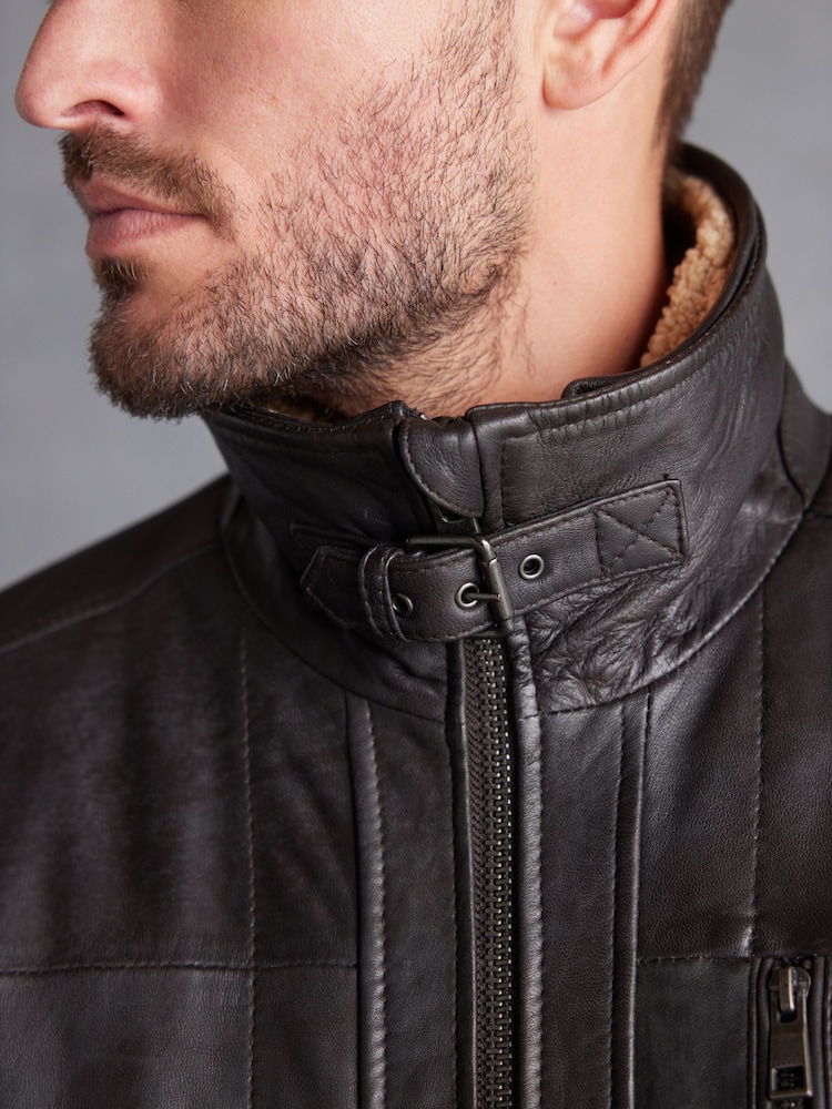 Brown Four Pocket Borg Lined Leather Jacket - Image 6 of 13