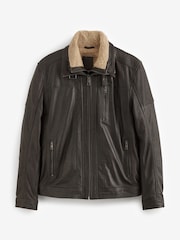 Brown Four Pocket Borg Lined Leather Jacket - Image 9 of 13