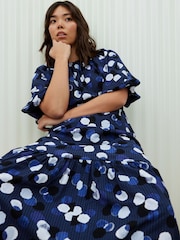 Oliver Bonas Blue Inky Spot Puff Sleeve Midi Dress - Image 1 of 9