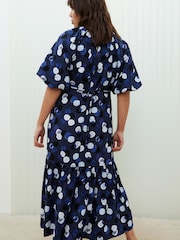 Oliver Bonas Blue Inky Spot Puff Sleeve Midi Dress - Image 2 of 9