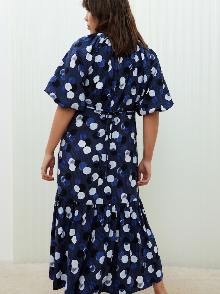 Oliver Bonas Blue Inky Spot Puff Sleeve Midi Dress - Image 2 of 9