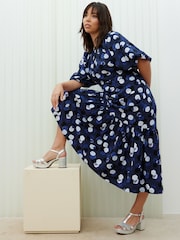 Oliver Bonas Blue Inky Spot Puff Sleeve Midi Dress - Image 3 of 9