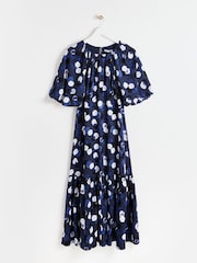Oliver Bonas Blue Inky Spot Puff Sleeve Midi Dress - Image 4 of 9