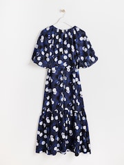 Oliver Bonas Blue Inky Spot Puff Sleeve Midi Dress - Image 5 of 9