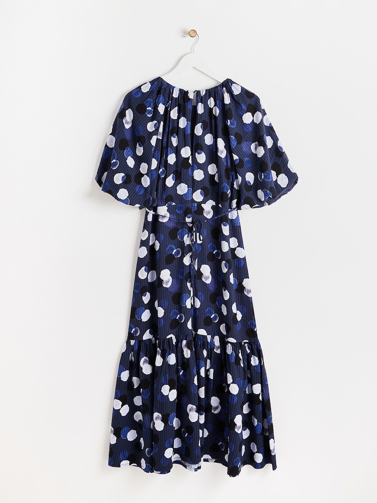 Oliver Bonas Blue Inky Spot Puff Sleeve Midi Dress - Image 5 of 9