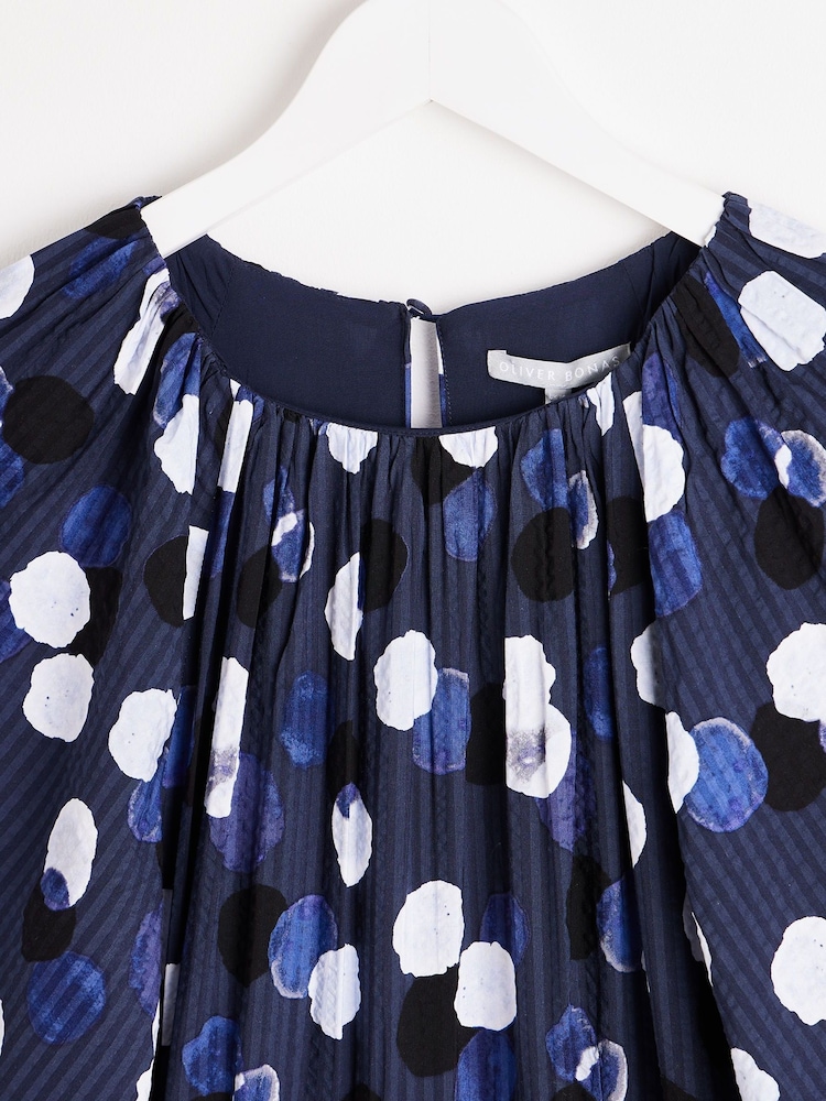 Oliver Bonas Blue Inky Spot Puff Sleeve Midi Dress - Image 6 of 9