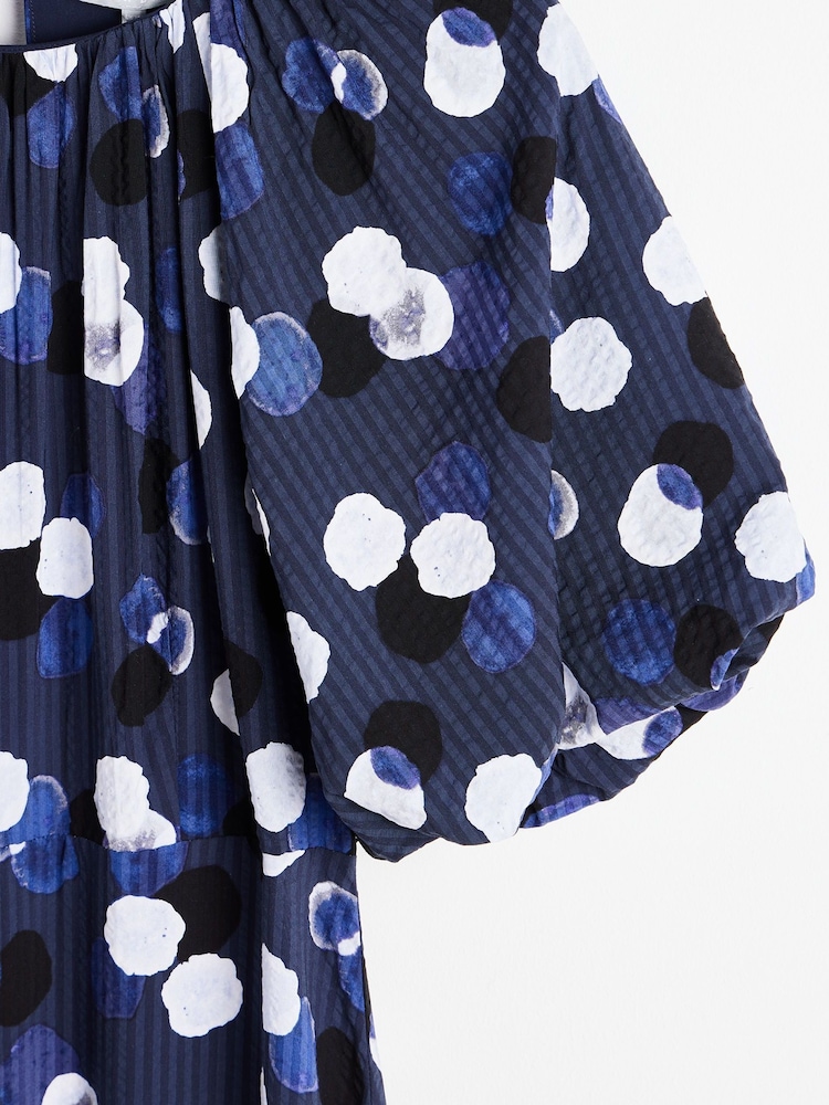 Oliver Bonas Blue Inky Spot Puff Sleeve Midi Dress - Image 7 of 9