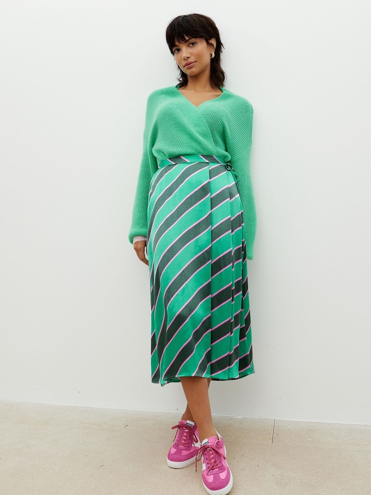 Oliver Bonas Green Diagonal Stripe Midi Skirt - Image 1 of 8
