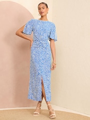 Love & Roses Blue Spot Ruched Flutter Sleeve Midi Dress - Image 1 of 4