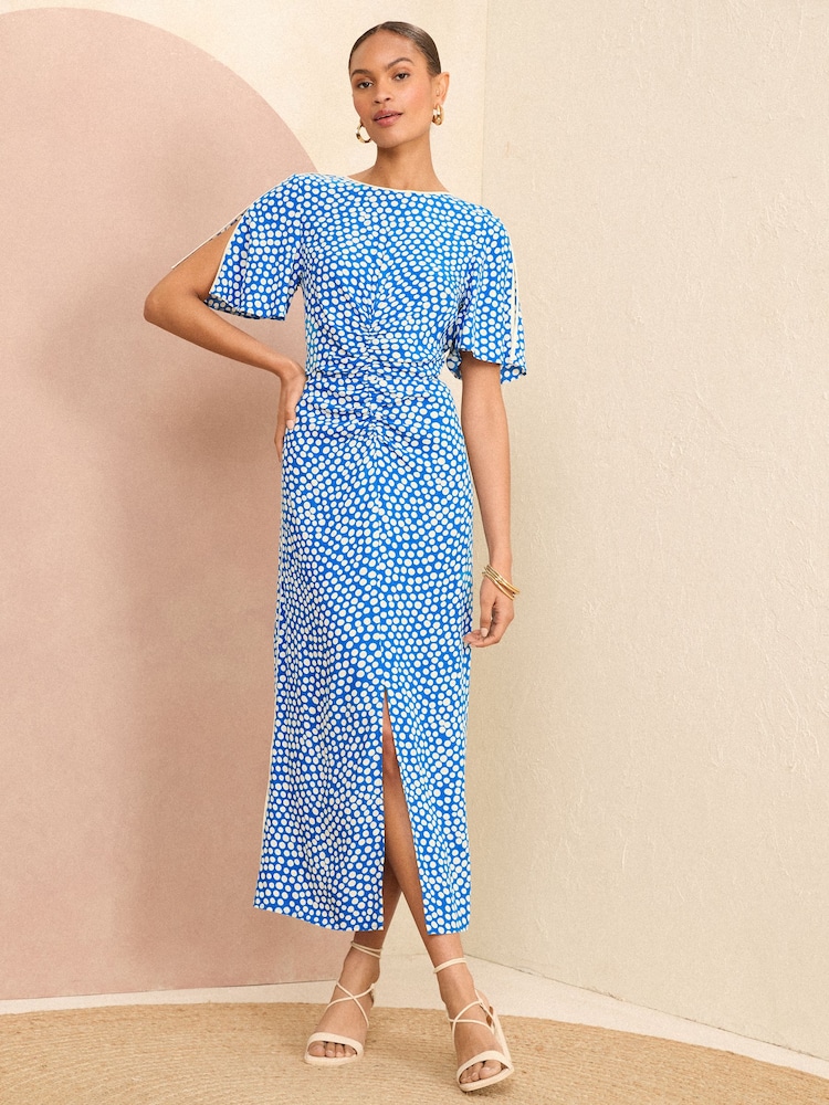 Love & Roses Blue Spot Ruched Flutter Sleeve Midi Dress - Image 1 of 4