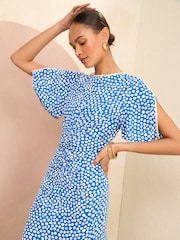 Love & Roses Blue Spot Ruched Flutter Sleeve Midi Dress - Image 2 of 4