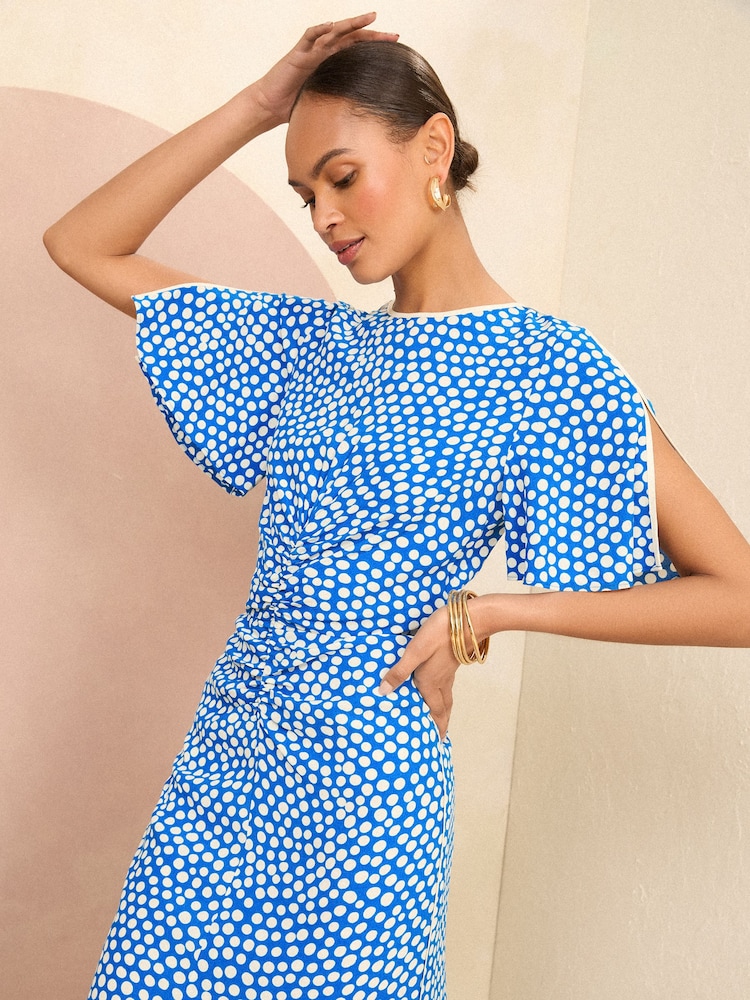 Love & Roses Blue Spot Ruched Flutter Sleeve Midi Dress - Image 2 of 4
