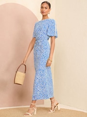 Love & Roses Blue Spot Ruched Flutter Sleeve Midi Dress - Image 4 of 4