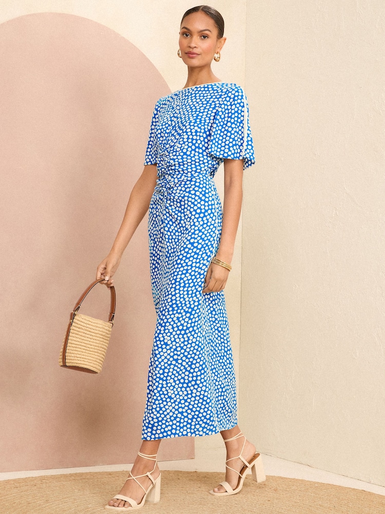 Love & Roses Blue Spot Ruched Flutter Sleeve Midi Dress - Image 4 of 4