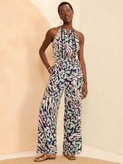 Love & Roses Animal Printed Lace Trim Halter Neck Jumpsuit - Image 1 of 4