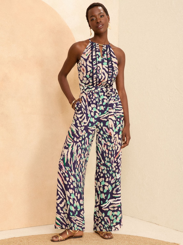 Love & Roses Animal Petite Printed Lace Trim Halter Neck Jumpsuit - Image 1 of 4