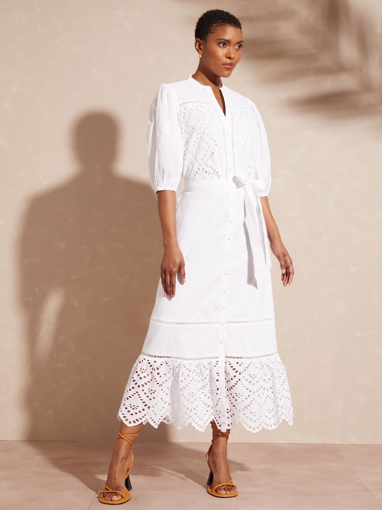 Love & Roses White Patched Broderie Midi Shirt Dress - Image 1 of 4