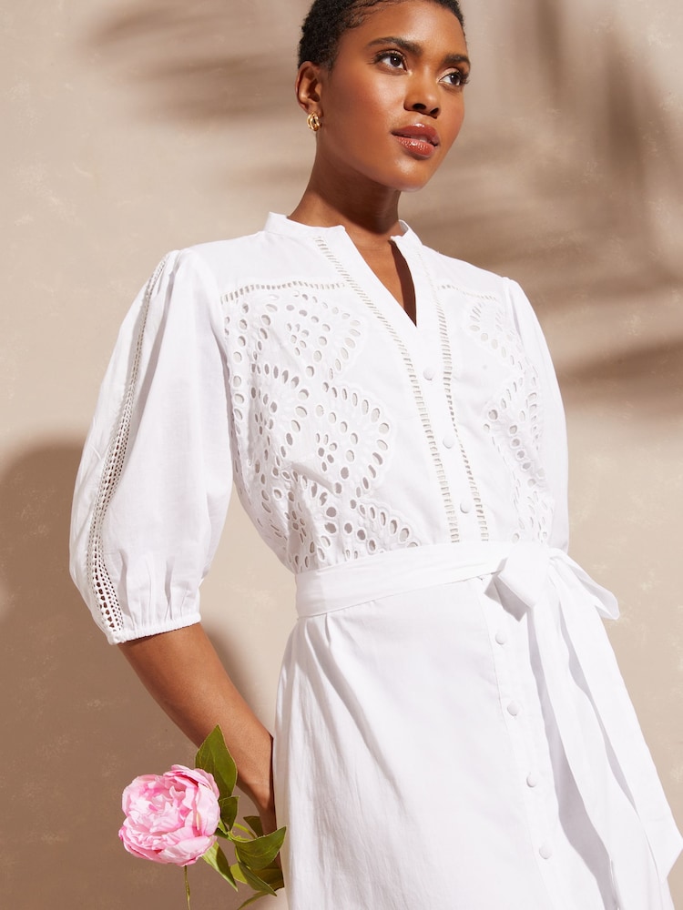 Love & Roses White Patched Broderie Midi Shirt Dress - Image 2 of 4