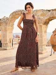 Love & Roses Chocolate Brown Metallic Cami Tie Shirred Maxi Dress - Image 1 of 4