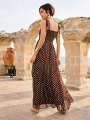 Love & Roses Chocolate Brown Metallic Cami Tie Shirred Maxi Dress - Image 3 of 4