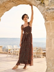 Love & Roses Chocolate Brown Metallic Cami Tie Shirred Maxi Dress - Image 4 of 4
