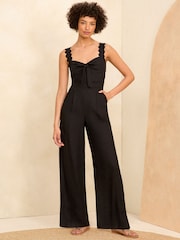 Love & Roses Black Scallop Wide Leg Jumpsuit With Linen - Image 1 of 4