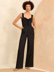 Love & Roses Black Scallop Wide Leg Jumpsuit With Linen - Image 4 of 4