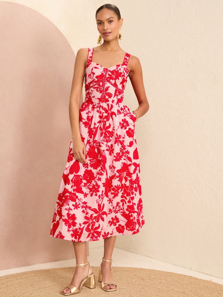 Love & Roses Pink and Red Floral Cami Corset Lace Trim Cotton Midi Dress - Image 1 of 4